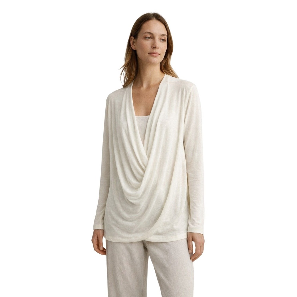 Eileen Fisher White Draped Twist Front V-Neck Long Sleeve Knit‎ Top S Wool Blend